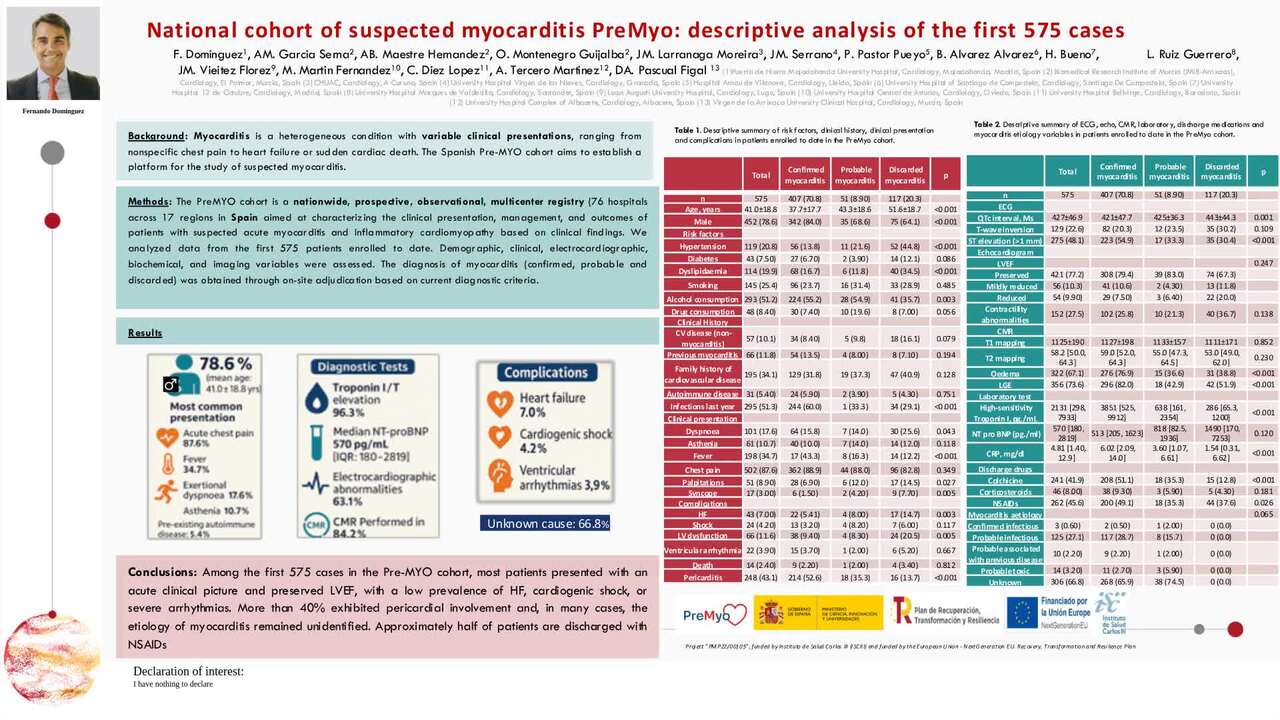National cohort of suspected myocarditis PreMYO: descriptive analysis of the first 575 cases. 