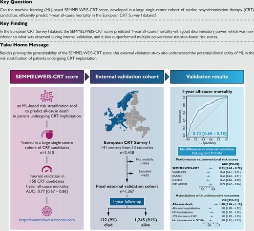 Machine learning-based prediction of 1-year all-cause mortality in patients undergoing CRT implantation: validation of the SEMMELWEIS-CRT score in the European CRT Survey I dataset